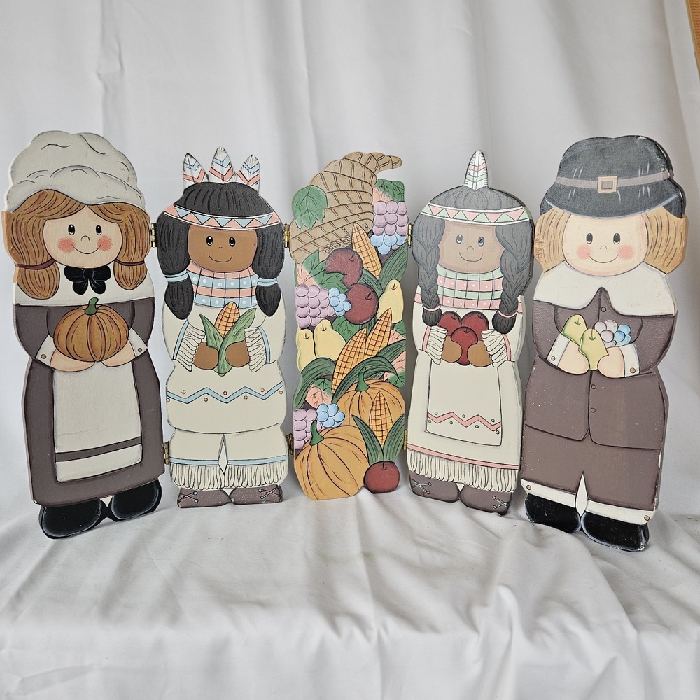 VTG Hand Painted Wood Thanksgiving Harvest 5-Panel Folding Screen Decor 20"x12"